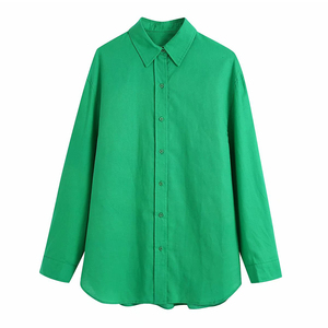 Mode féminine chemises à manches longues surdimensionné solide <span class=keywords><strong>vert</strong></span> Vintage femme Chic Blouse 100% coton rabattu chemises pour femmes - Product Image 1