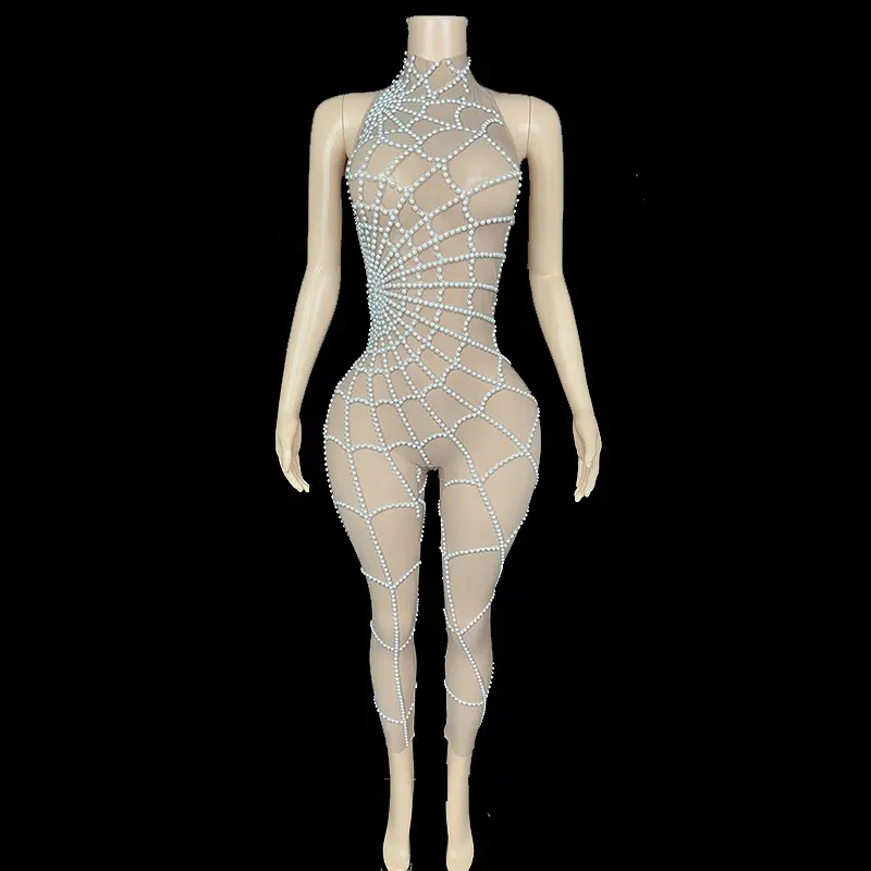 Sparkly Sleeveless Crystal Rhinestone Spandex Bodysuits Ladies Slim Party Rompers Dancer Pearls Women One Piece Jumpsuit