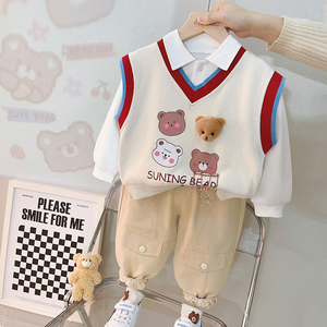 봄 가을 아기 남자아이 옷 세트 긴팔 흰색 셔츠 곰 조끼 바지 3종 세트 도매 아동복 - Product Image 3
