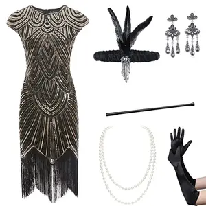 Women's 20s Vintage Flapper Fringe Beads Great Gatsby Party Dress and accessories for 20S costumes 20s-001