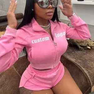 Custom Spring Casual Sexy Vintage Women Cloth Wash 2 Piece Shorts Set Cotton French Terry Zip Up Crop Hoodie Tracksuit