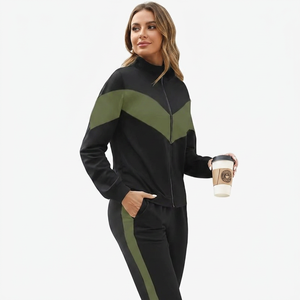 Ensemble de survêtement décontracté pour femme, noir et vert, à blocs de couleur, avec fermeture éclair, manches longues, respirant, léger, en coton, avec poches latérales - Product Image 5