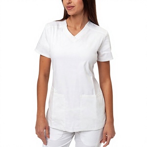 Women's V-neck <b>scrub</b> top Cotton polyester blend uniform Front pocket <b>scrub</b> top White hospital <b>scrub</b> top - Product Image 1