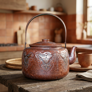 Théière traditionnelle chinoise en métal avec couvercle et poignée en métal, motif floral gaufré rouge brun - Product Image 5