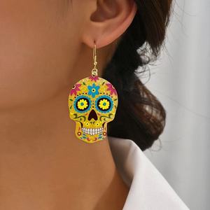 Giorno dei morti orecchini pendenti, fiori di zucchero teschio orecchini in acrilico con Glitter dorato per le donne orecchini di Halloween - Product Image 2