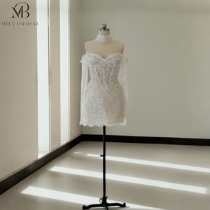 Abito <span class=keywords><strong>da</strong></span> Sposa Mini in Pizzo con Corsetto Basque e Maniche <span class=keywords><strong>a</strong></span> Spalla Scoperta Mily Bridal MQW02285 - Product Image 1