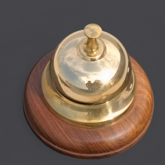 Handmade Brass Table Bell with Wooden Base Nautical Service Bell Reception Desk Counter Bell for Hotel Restaurant Office School