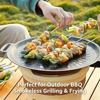 Plaque de cuisson ronde en pierre à double poignée, compatible avec les cuisinières à gaz et à induction, pour le camping en plein air et les barbecues à domicile