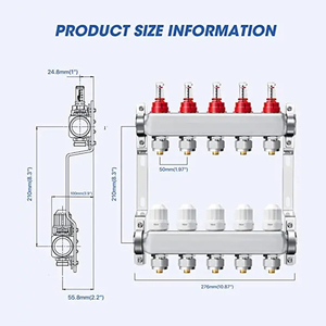 Colector ABST PEX de 9 vías, kit de colector de calor de suelo de acero inoxidable con adaptadores de 1/2 "incluidos para calefacción de suelo radiante hidrónico - Product Image 3