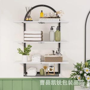 Arched Wrought Iron Four Tier Wall Mounted <b>Shelf</b> Wooden Retro Storage <b>Rack</b> With Mesh Basket Multipurpose Durable - Product Image 3