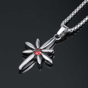 Flower Shape Titanium Steel Pendant With Red Gemstone Claw Setting Solitaire Charm For Gift Jewelry Accessory SP676 - Product Image 2