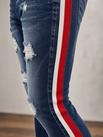 Jeans skinny pour homme à rayures latérales déchirées, pantalon en denim extensible de haute qualité avec rayures latérales rouges et blanches