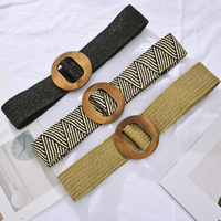 Ceinture tressée tendance pour femmes, ceinture de robe, ceinture rétro décorative en tissu tissé, boucle en bois, ceinture élastique pour filles
