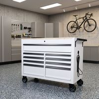 Chariot à outils robuste à neuf tiroirs avec prise de courant, plateau en bois et poignée de poussée ; Armoire de rangement mobile pour atelier