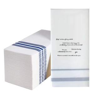Serviettes de table jetables en pâte de bois vierge 2 plis, rayures bleues personnalisées et citation imprimée, avec sac OPP pour restaurants et cafés - Product Image 1
