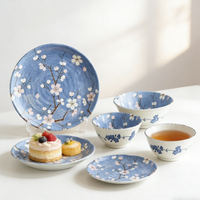 Service de vaisselle en grès peint à la main style japonais fleurs de cerisier pour mariage et restaurant, écologique, 6 pièces (assiettes et bols)