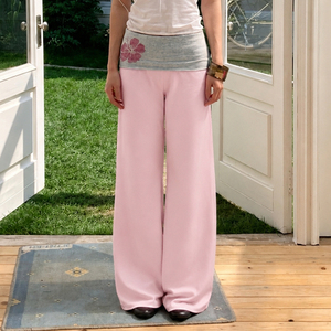 Pantalones de Punto Rectos con Estampado Floral y Bloques de Color para Mujer, con Detalle de Pedrería, Cintura Elástica, Estilo Casual - Product Image 4