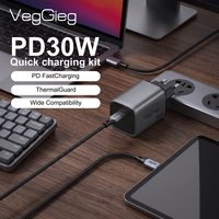 VegGieg - Combo de Cargador USB C de 30 W y Cable para Teléfono, Adaptadores EU, Compatible con Caja OEM de Cartón