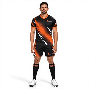 Uniforme de Rugby Unisex Tiierwear Negro y Naranja, Manga Corta, Cuello en V, Absorbe la Humedad, Elástico en 4 Direcciones, Transpirable, Ajuste Atlético - Product Image 1
