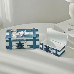 Boîtes de rangement en bois de style méditerranéen, ensemble de 2 boîtes à bijoux rectangulaires décoratives avec motif sur le thème de l'océan pour la maison et les voyages - Product Image 1