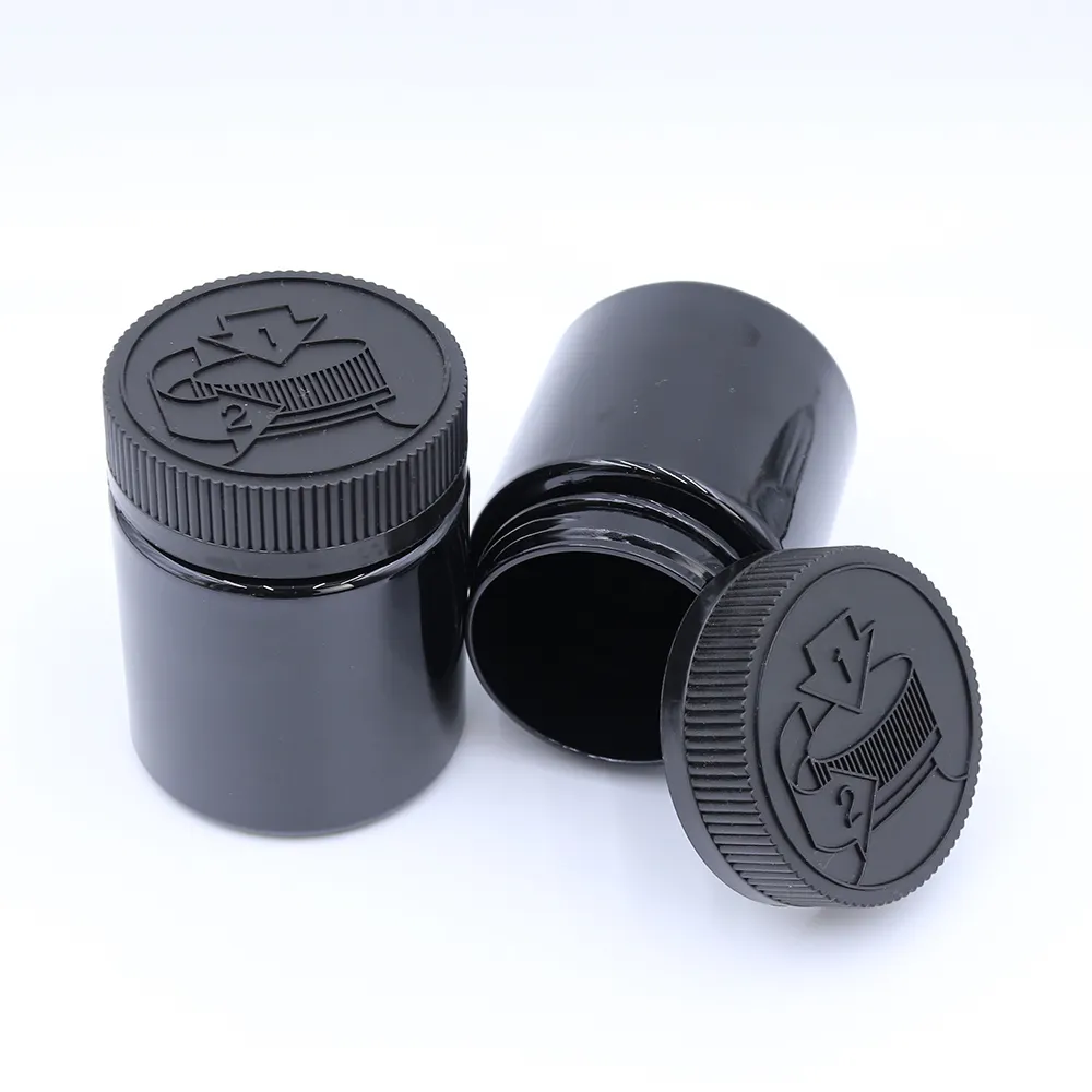 Packmann 5oz 150ml vazio plástico preto Herb Storage Jar etiquetas personalizadas