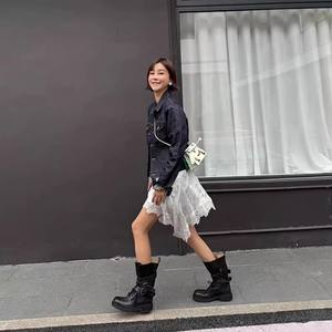 Bottes de <span class=keywords><strong>moto</strong></span> pour femme Source Factory 2026, nouvelle collection, style Mui High, rétro, couleur unie, en microfibre, à talon épais, avec boucle, style Old Western - Product Image 4