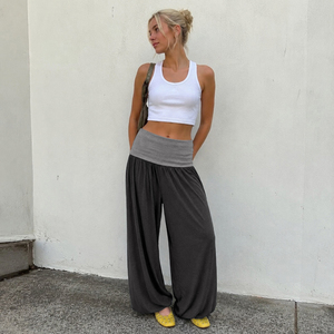 Pantalon décontracté américain colorblock à taille large drapé et fuselé pour femme, coupe ample flatteuse, jambe large, style jogger long - Product Image 3