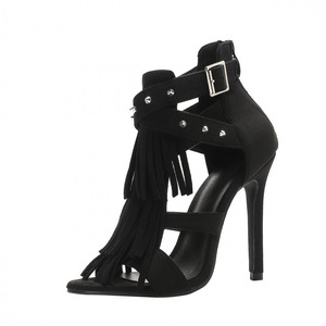 Nouvelles sandales sexy en daim à talon fin de 11 cm pour femme, style européen et américain, avec pompons et rivets, bout ouvert, collection été 2026 - Product Image 5