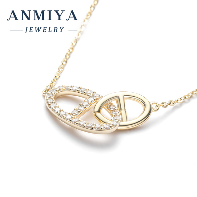 Modern 925 Sterling Silver Gold Plated Interlocking Oval Zircon Pendant Necklace Unisex Birthday Anniversary Gift