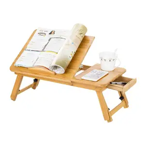 竹木笔记本电脑托盘桌，带储物抽屉和可折叠腿