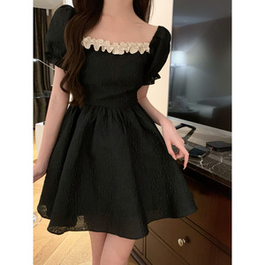 Women's Summer Puff Sleeve Dress Square Neck Little Black Dress With Back Bow Short Skirt Breathable Cocktail Dress - Product Image 3