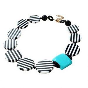Cute Geometric Resin Beaded <b>Necklace</b> Black White Striped Acrylic Resin Women Fashion <b>Statement</b> Jewelry Chunky Pendant Design - Product Image 1