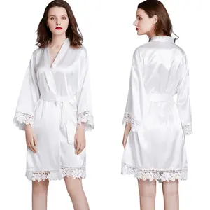 Exquisite Bridesmaid Bridal Wedding Lace Satin Robe Female Sleepwear White Polyester Women Luxury Bathrobe
