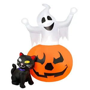 Superventas Inflables de Halloween de 5 pies Calabaza espeluznante y gato negro de bruja Decoración inflable combinada