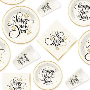DAMAI New Years Eve Party Supplies Happy New Year Tableware Set <b>Disposable</b> Paper Plates Paper Cup Napkins and Wooden Cutlery - Product Image 2