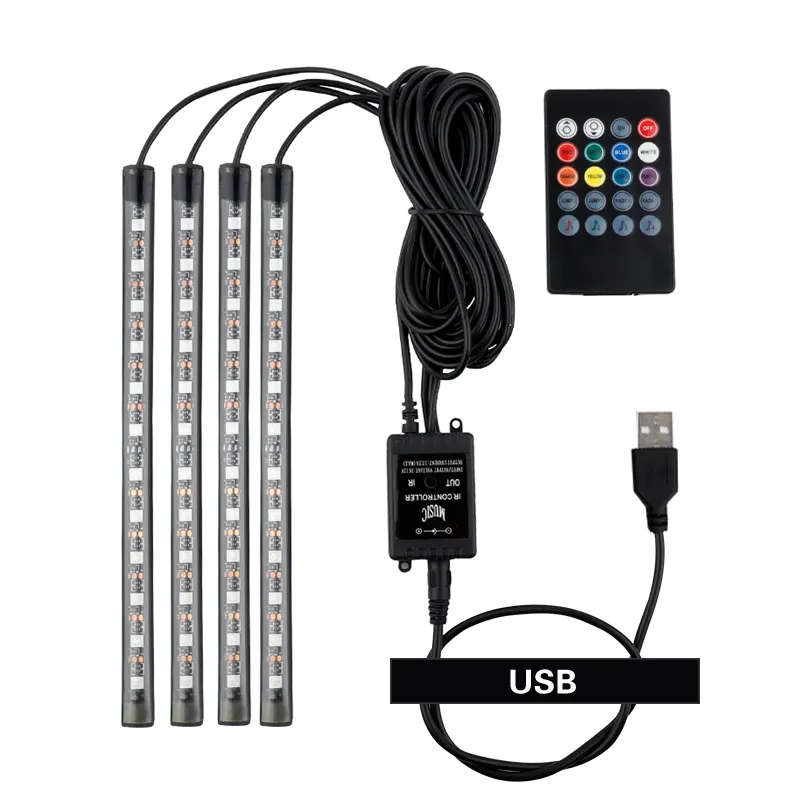 LED araba ayak ışık ortam lambası USB kablosuz uzaktan müzik kontrol cihazı çoklu modları otomotiv iç dekoratif ışıklar