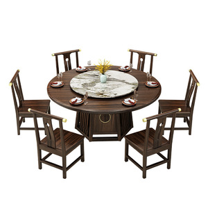 Chinese Style Ebony Round Dining <b>Table</b> And Chair Set 6 Piece <b>Solid</b> <b>Wood</b> Stone Slab <b>Top</b> Dining Room Furniture - Product Image 5