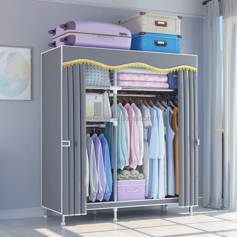 123cm Iron Portable Wardrobe with Non-woven Cover Assembled Clothes Closet for Rental Apartment DIY Storage Organizer