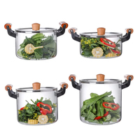 Olla de vidrio de borosilicato grueso para cocina, cacerola de vidrio con mango de madera