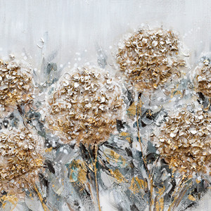 Pintura al Óleo Floral Texturizada Pintada a Mano, Hortensias en Tonos Dorados sobre <span class=keywords><strong>Fondo</strong></span> Azul Claro, Cuadros Decorativos para Pared - Product Image 4