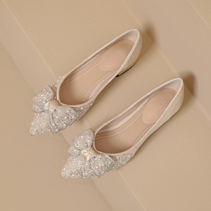 Scarpe da Sposa alla Moda per Donna con Diamanti e Fiocco, Suola Morbida e Tacco Quadrato, Adatte per Primavera e Autunno - Product Image 1
