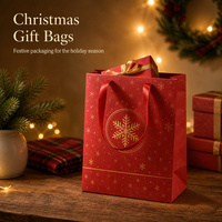 Sacs cadeaux pour petites entreprises, sacs cadeaux de Noël personnalisés en rouge et or avec des flocons de neige en feuille d'or, rubans en satin, poignées, sacs cadeaux en vrac pour les fêtes