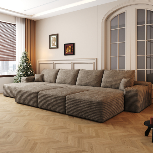 Canapé-lit - Chaise longue à gauche - 3 places - 3 poufs (Camel)