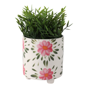 Pot de fleurs peint à la main avec des fleurs roses et des feuilles vertes pour la décoration intérieure et extérieure, salon, jardin. - Product Image 2