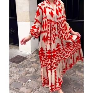 IStapromo Gifts Maxi <b>Dress</b> V-Neck Lantern Sleeve Geometric Print Loose Fit Summer Casual Woven Fabric Asymmetric Hem - Product Image 1