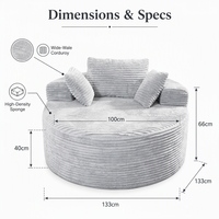 Fauteuil Chesterfield surdimensionné en velours à accoudoirs ronds 133 cm |   Fauteuil rembourré avec texture en velours côtelé |   Couleurs personnalisées OEM