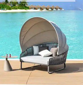 Ready To Ship Aluminum Outdoor Sun Lounger Round Daybed With Canopy Patio Furniture Beach Swimming Pool Lover Seat Bed