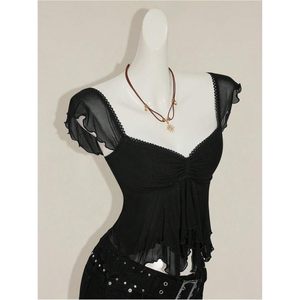 FOXA Haut court transparent à volants en maille fine pour femme, col cœur, sans manches, combinaison moulante, tenue de soirée - Product Image 5