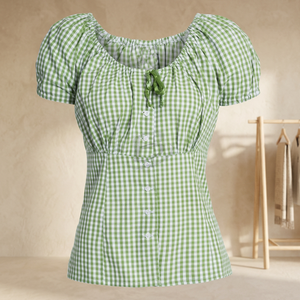 Vintage <b>80s</b> Traditional Austrian Trachten Checked Cotton Blouse Puff Sleeves and Horn Button (Vintage Folklore Blouse ) - Product Image 3