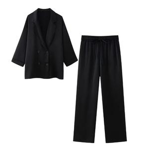 <span class=keywords><strong>Blazer</strong></span> doppiopetto effetto stropicciato da donna <span class=keywords><strong>con</strong></span> pantaloni larghi a vita alta regolabili set di due pezzi Mujer - Product Image 2